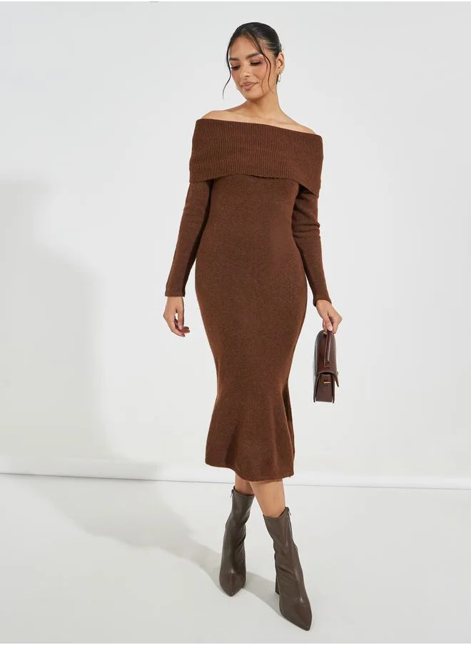 Styli Off Shoulder Mermaid Hem Sweater Midi Dress