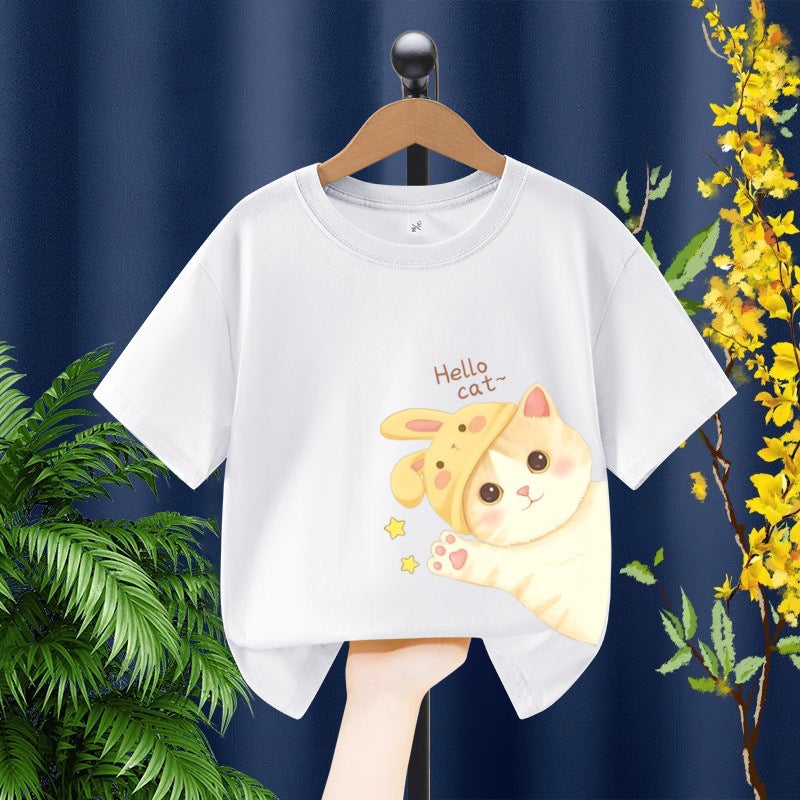 Girls Short-Sleeved T-Shirt Kitten Printed Children'S Loose Breathable Top Girls Cotton Casual Children'S Wear - Image 1