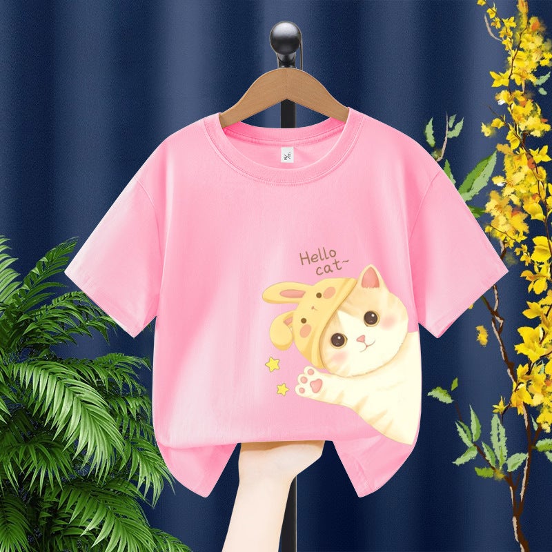 Girls Short-Sleeved T-Shirt Kitten Printed Children'S Loose Breathable Top Girls Cotton Casual Children'S Wear - Image 4