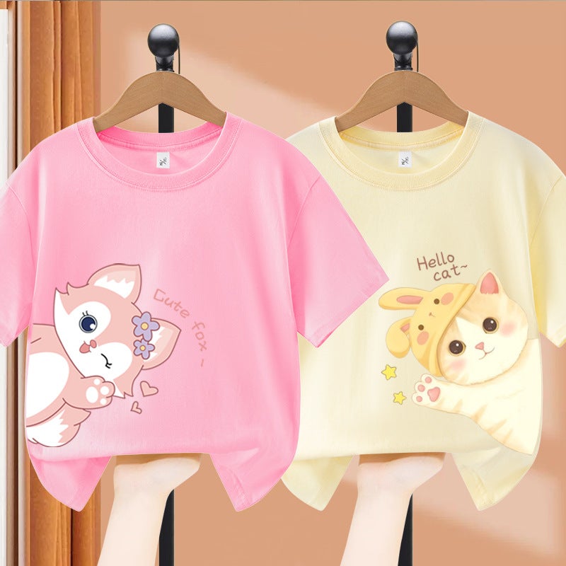 Girls Short-Sleeved T-Shirt Kitten Printed Children'S Loose Breathable Top Girls Cotton Casual Children'S Wear - Image 2