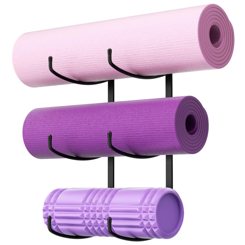 Josmimic Yoga Mat Holder Wall Mount, 3-Tier Storage Rack for Yoga Mat, Foam Roller, Block, Yoga Accessories, Wall Organizer for Home Gym, Gym, Workout Room, Metal, Black - Image 1