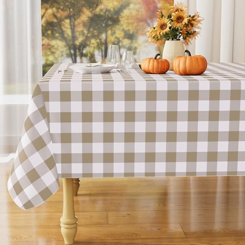 misaya Rectangle Waterproof Vinyl Table Cloth, Buffalo Flannel Backed Tablecloth, Wipeable Plastic Table Cover for Fall, Thanksgiving (60" x 84", Khaki and White) - Image 1
