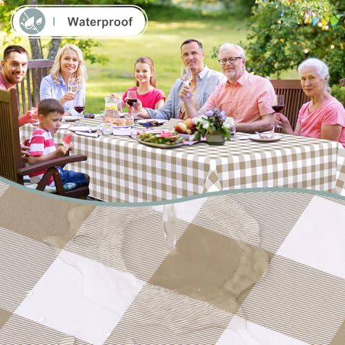 misaya Rectangle Waterproof Vinyl Table Cloth, Buffalo Flannel Backed Tablecloth, Wipeable Plastic Table Cover for Fall, Thanksgiving (60" x 84", Khaki and White) - Image 2