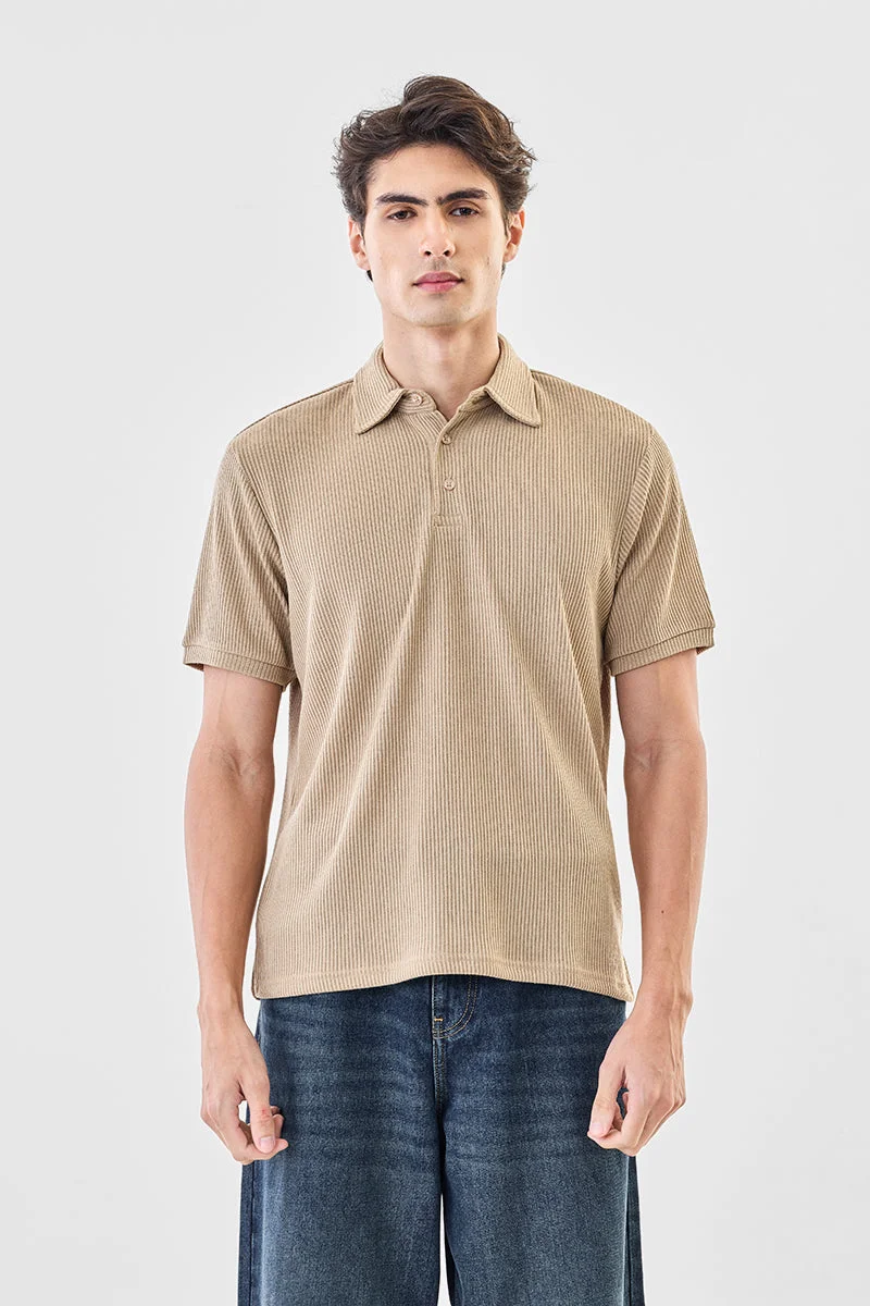 Snitch Beige Regular Fit Stretch Ribbed Polo T-Shirt for Men | Best Price UAE
