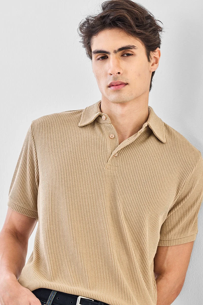 Snitch Beige Regular Fit Stretch Ribbed Polo T-Shirt for Men | Best Price UAE