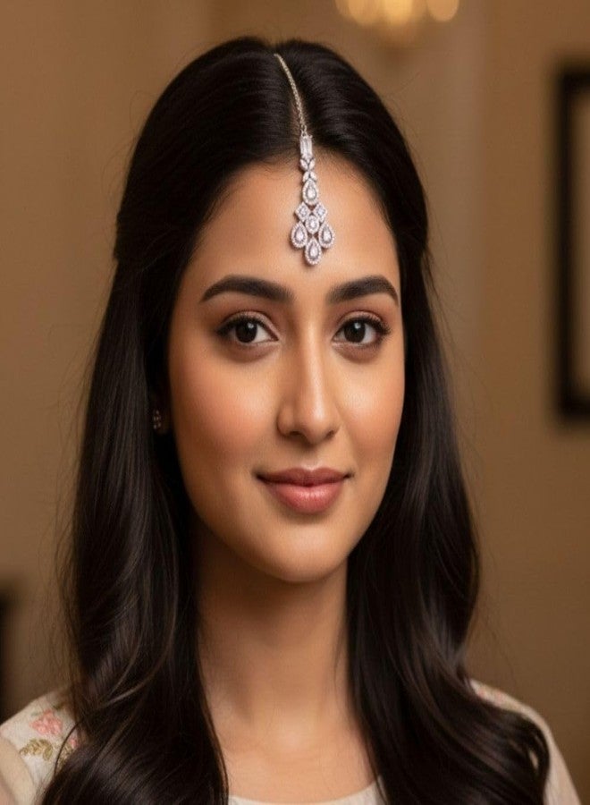 ZEELLO American Diamond,AD Maang Tikka for Women and Girls,Wedding Traditional Nethi Chutti, Bridal Forhead Jewellery - Image 3