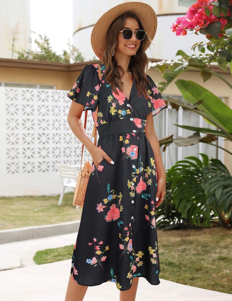 ROYLAMP Women's Floral Button Up Split Deep V Neck Short Sleeve Casual Flowy Midi Dress with Pockets Black Floral XL - Image 3