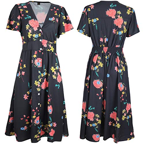 ROYLAMP Women's Floral Button Up Split Deep V Neck Short Sleeve Casual Flowy Midi Dress with Pockets Black Floral XL - Image 5