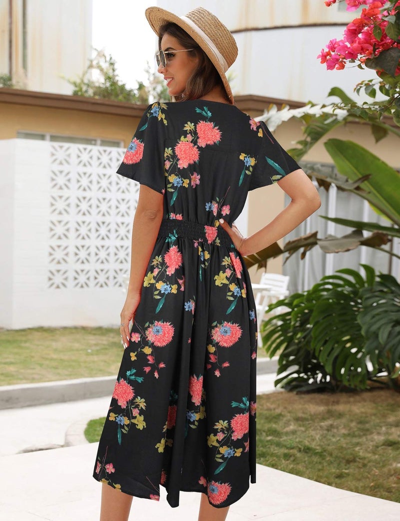 ROYLAMP Women's Floral Button Up Split Deep V Neck Short Sleeve Casual Flowy Midi Dress with Pockets Black Floral XL - Image 4