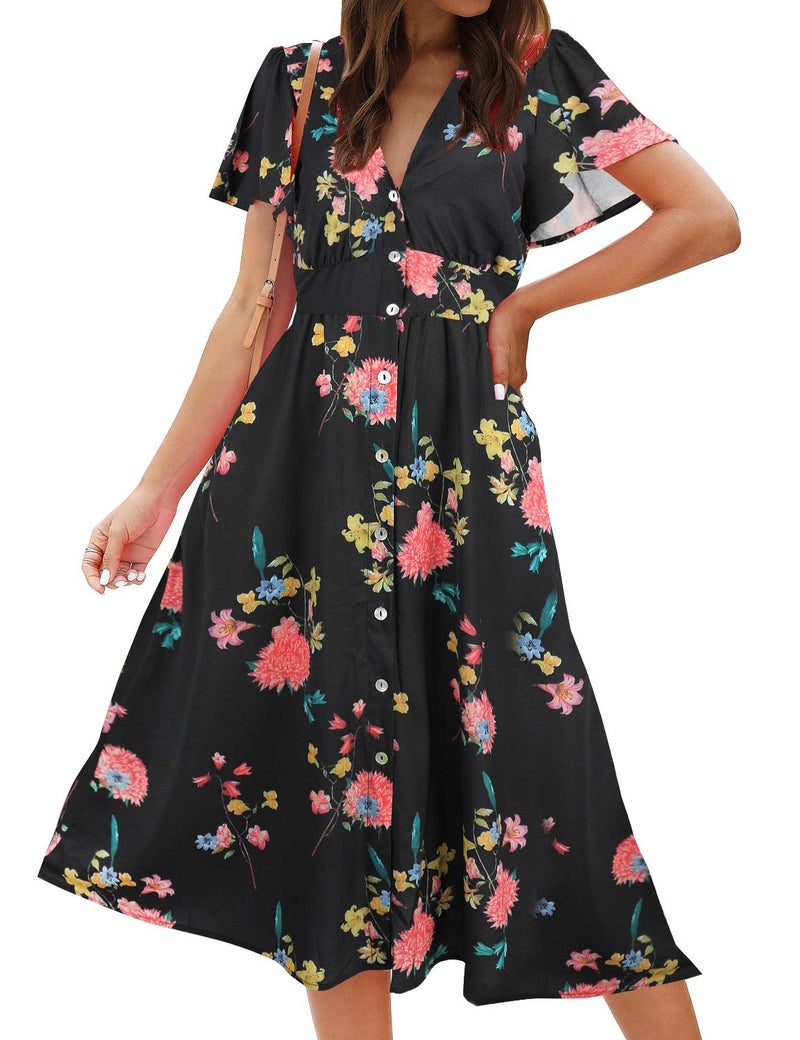 ROYLAMP Women's Floral Button Up Split Deep V Neck Short Sleeve Casual Flowy Midi Dress with Pockets Black Floral XL - Image 1