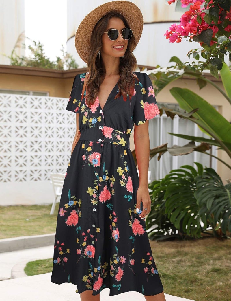 ROYLAMP Women's Floral Button Up Split Deep V Neck Short Sleeve Casual Flowy Midi Dress with Pockets Black Floral XL - Image 2
