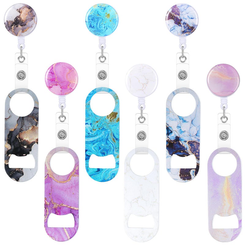 Irenare 6 Pcs Flat Bottle Openers Retractable Bar Keys for Bartenders Stainless Steel Beer Bottle Opener with Belt Clip and Round Badge Reel Bartender Gifts for Women MenMarble Style