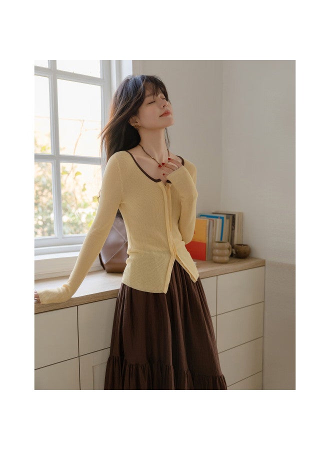 Mt "Southern France Holiday" Spring Literary Style Light And Thin Contrast Color Round Neck Sweater High Elasticity Slimming Knitted Top For Women - Image 4