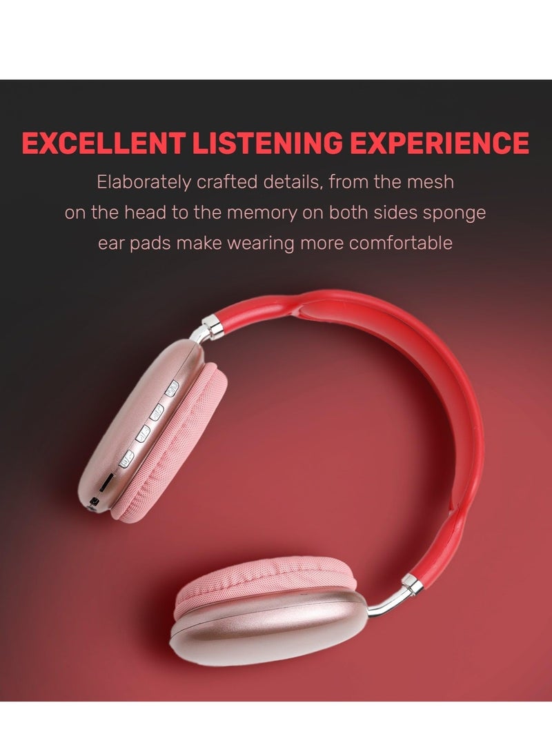 P9 Ultra wireless headphones with microphone- rechargeable over ear wireless bluetooth headphones with 10hr playtime, sd slot, backup wire- soft cushion headset with mic (Pink)  - Image 2