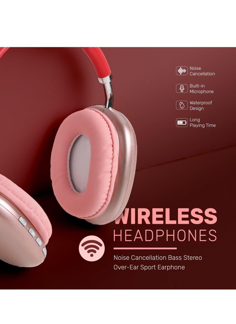 P9 Ultra wireless headphones with microphone- rechargeable over ear wireless bluetooth headphones with 10hr playtime, sd slot, backup wire- soft cushion headset with mic (Pink)  - Image 3