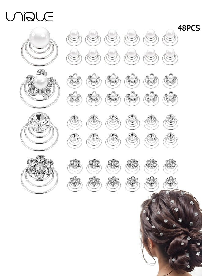 Unique 48 Pcs Spiral Hair Clip - 4 Shapes Gemstone Crystal Spiral Hair Clip Set - Diamond Spiral Pearl Flower Jewelry Hair Clip - for Wedding, Bridal, Prom, Party and Special Occasion - Image 1