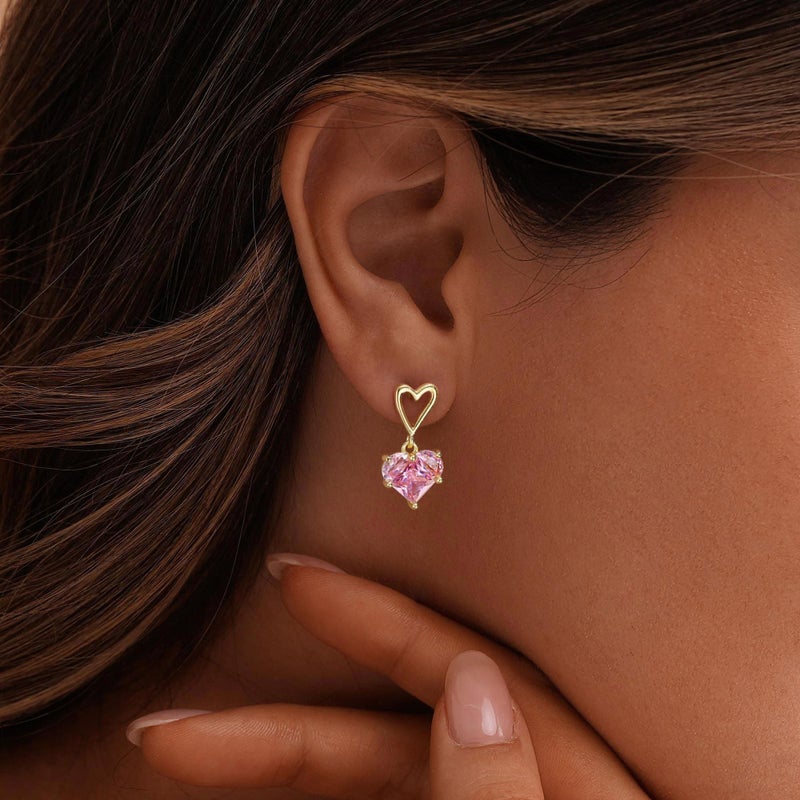 VRIUA Heart Earrings for Women - 14K Gold Plated Dainty Pink Heart Earrings Cute Bridal Long Wedding Earring Hypoallergenic Jewelry Valentine's Day Gift for Her - Image 3