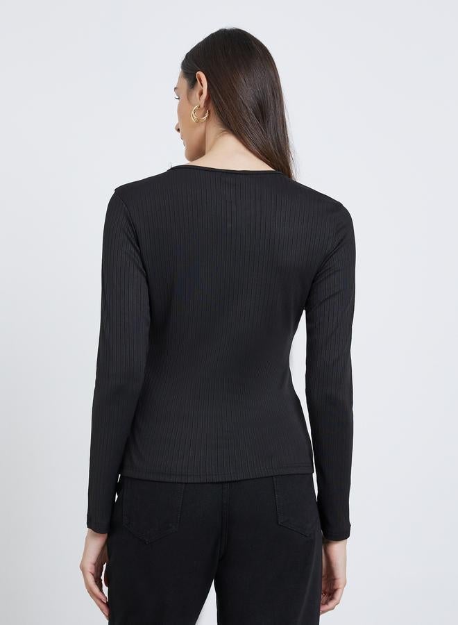 Styli Black Ribbed Knit Top With Keyhole Detail - Image 4