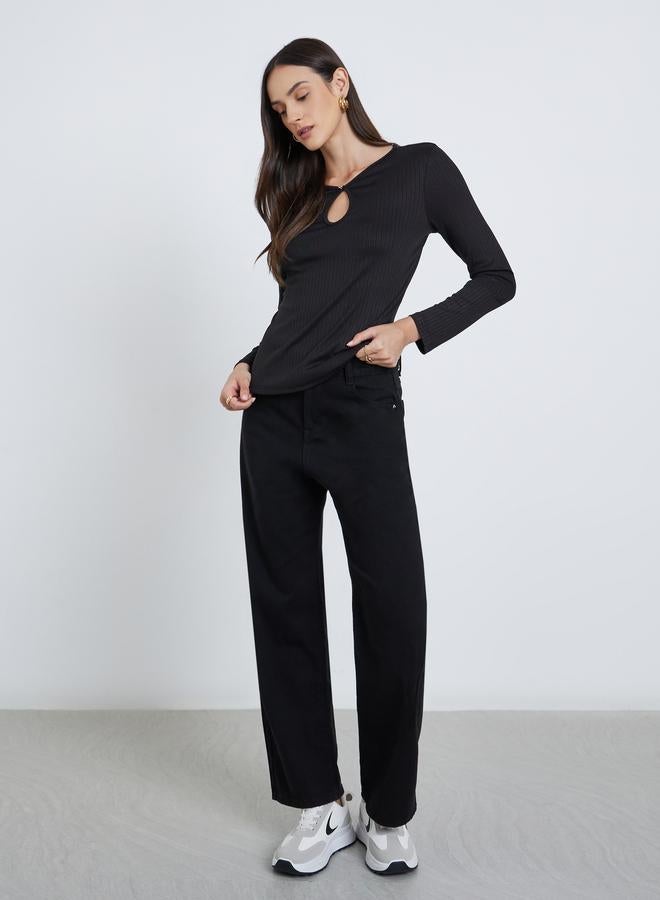 Styli Black Ribbed Knit Top With Keyhole Detail - Image 2