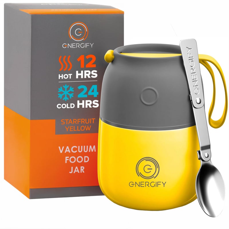 ENERGIFY Vacuum Insulated Food Jar. Large 12oz Bowl incl. Folding Spoon, Cup. Wide Mouth Keep Hot & Cold Drinks Soup Lunch Container for Adults. BPA-Free Stainless Steel, Leak Proof Yellow - Image 1
