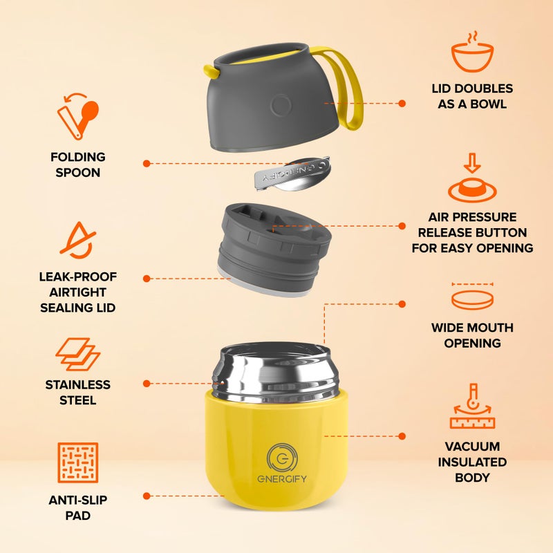 ENERGIFY Vacuum Insulated Food Jar. Large 12oz Bowl incl. Folding Spoon, Cup. Wide Mouth Keep Hot & Cold Drinks Soup Lunch Container for Adults. BPA-Free Stainless Steel, Leak Proof Yellow - Image 2