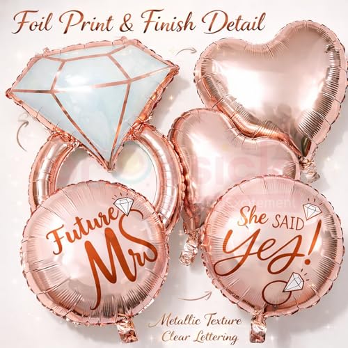 Propsicle Rose Gold Ring Foil Balloon Set – She Said Yes Future Mrs Engagement Decoration, Bridal Shower Decor, Heart & Round Balloons Pack of 5 - Image 5