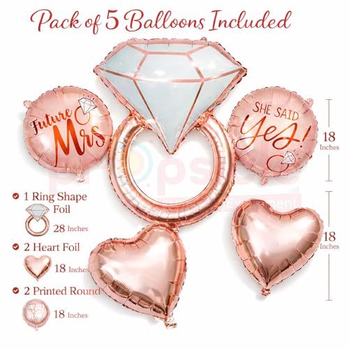 Propsicle Rose Gold Ring Foil Balloon Set – She Said Yes Future Mrs Engagement Decoration, Bridal Shower Decor, Heart & Round Balloons Pack of 5 - Image 4