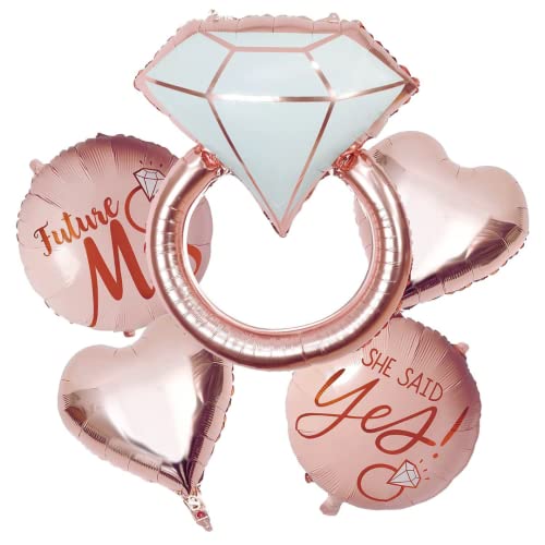 Propsicle Rose Gold Ring Foil Balloon Set – She Said Yes Future Mrs Engagement Decoration, Bridal Shower Decor, Heart & Round Balloons Pack of 5 - Image 1