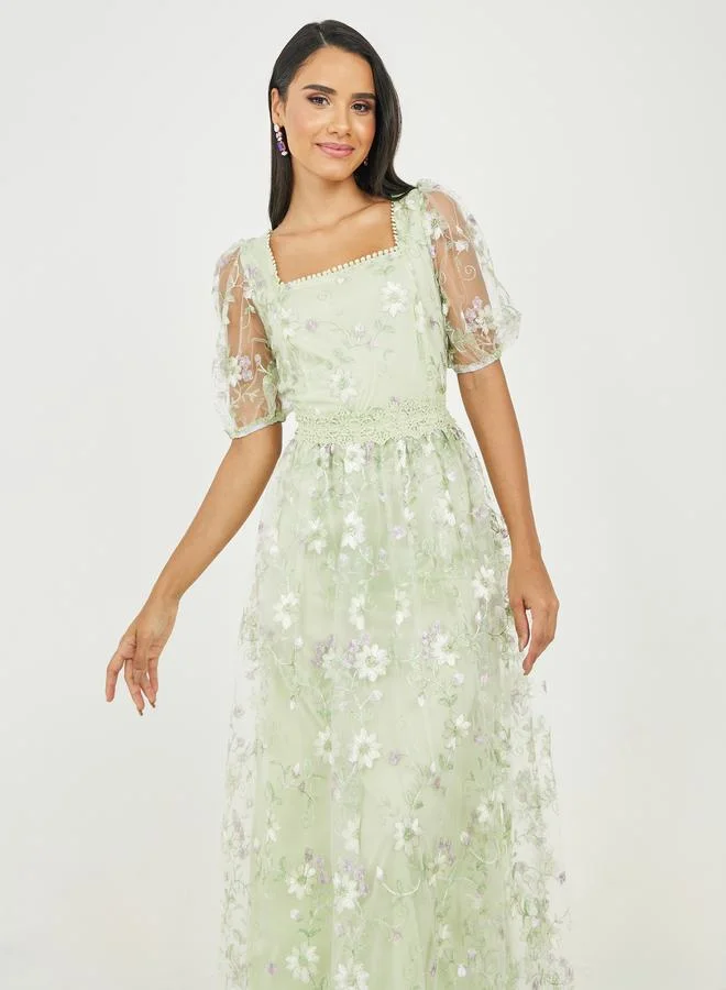 Styli Embroidered Mesh Lace Detail Tiered Maxi Dress