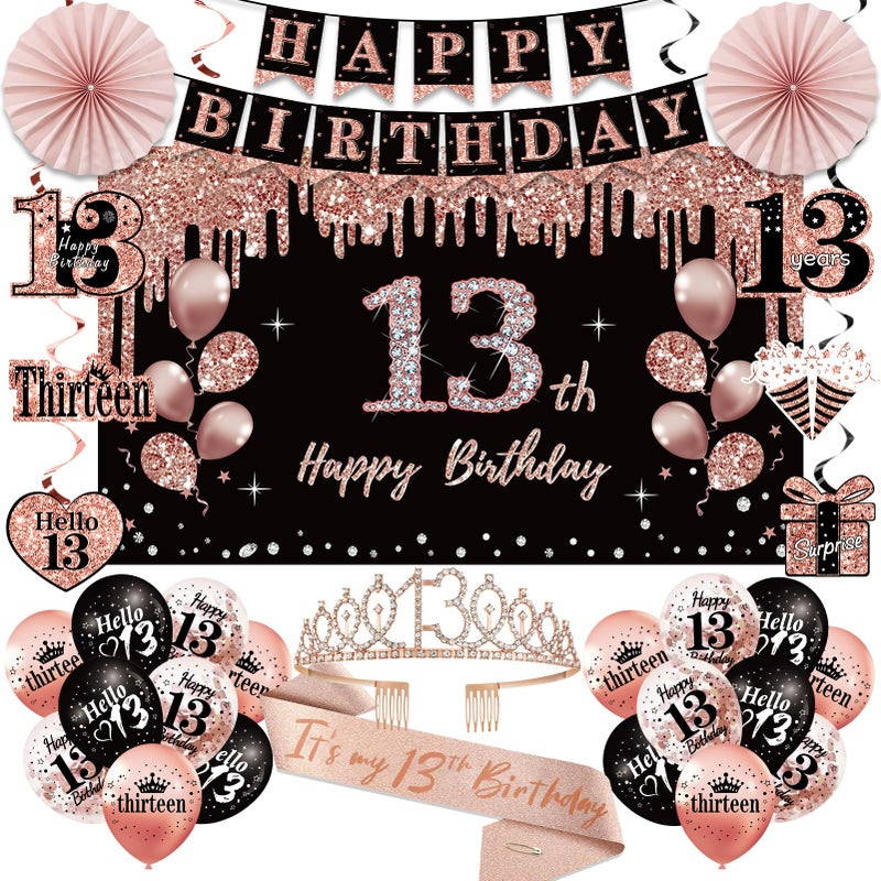 13th Birthday Decorations for Girls 33pcs Its My 13th Birthday Crown and Sash Black Rose Gold 13 th Banner Balloons Backdrop Hanging Swirls Paper Fans 13 Years Old Party Supplies