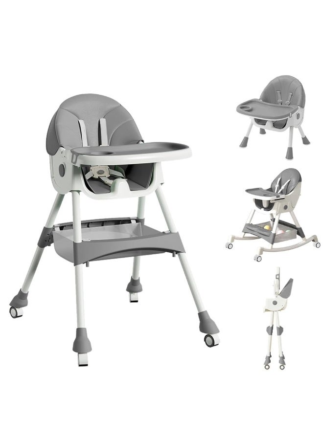 أبيكسلل كرسي أطفال عالي 5 في 1، كرسي طعام قابل للتحويل للأطفال والرضع، مع مسند ظهر وصينية قابلة للتعديل، تصميم قابل للطي بعجلات، وسادة PU، سهل التنظيف، مناسب من عمر 0 إلى 5 سنوات - Image 1