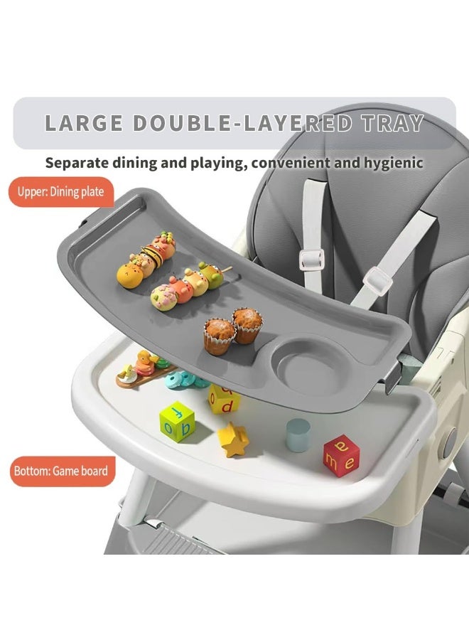 أبيكسلل كرسي أطفال عالي 5 في 1، كرسي طعام قابل للتحويل للأطفال والرضع، مع مسند ظهر وصينية قابلة للتعديل، تصميم قابل للطي بعجلات، وسادة PU، سهل التنظيف، مناسب من عمر 0 إلى 5 سنوات - Image 3