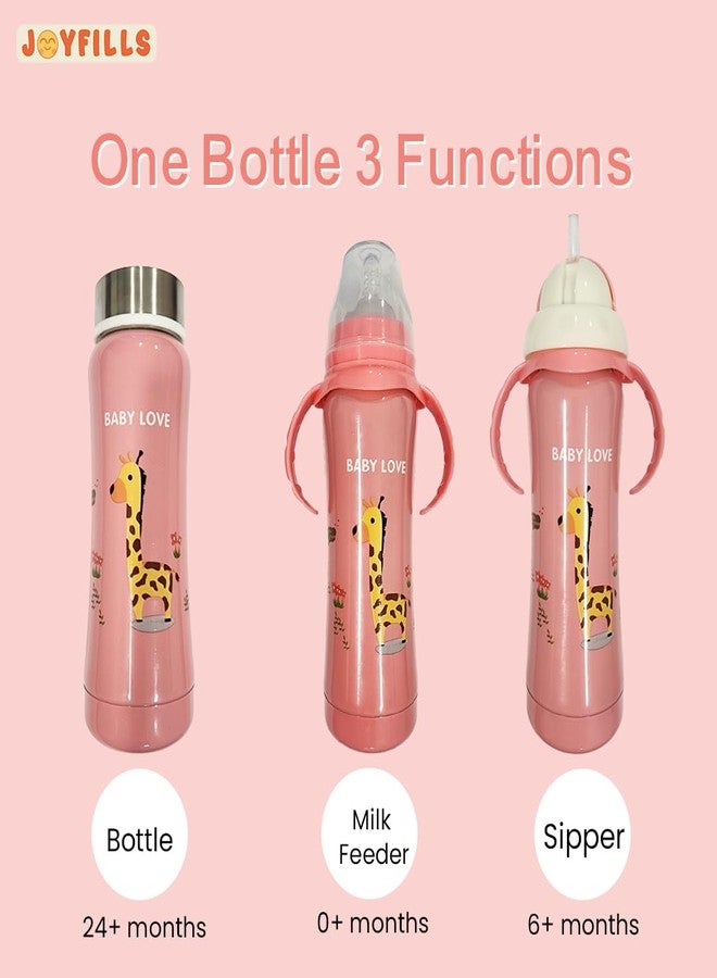JOYFILLS 3 in 1 Baby Feeding Bottle With 2 Bibs| Stainless Steel Milk Bottle for baby| Water Bottle for School | Sipper Water Bottle for Kids | Stainless Steel 304| Multi-Functional Thermal Insulation | Nipple, Sipper & Straw| Spill Proof, BPA Free, Anti-Colic Nipple for Infants/Toddlers/Kids- 240 Ml. (Printed Pink With Bibs) - Image 2