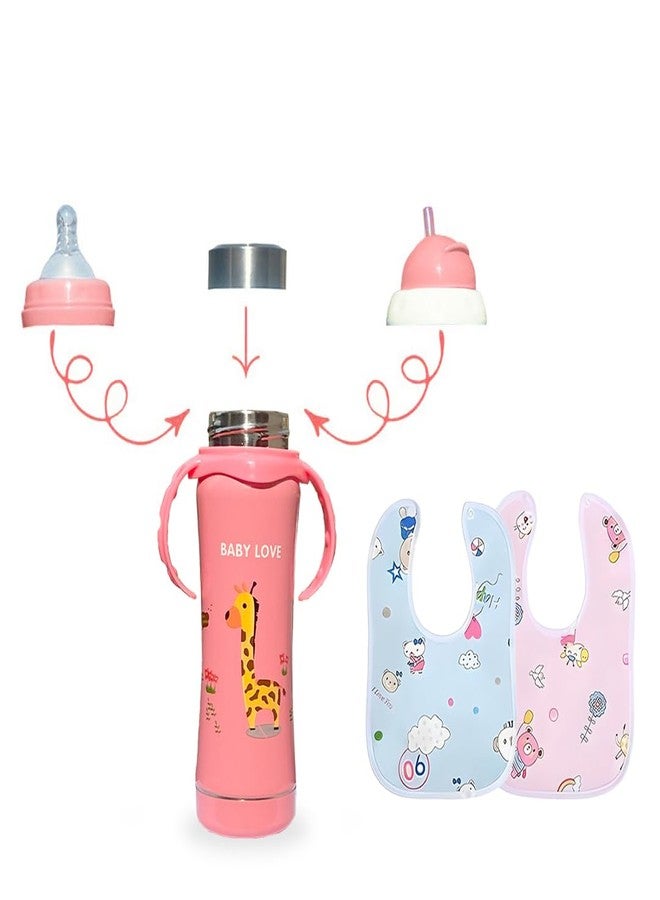 JOYFILLS 3 in 1 Baby Feeding Bottle With 2 Bibs| Stainless Steel Milk Bottle for baby| Water Bottle for School | Sipper Water Bottle for Kids | Stainless Steel 304| Multi-Functional Thermal Insulation | Nipple, Sipper & Straw| Spill Proof, BPA Free, Anti-Colic Nipple for Infants/Toddlers/Kids- 240 Ml. (Printed Pink With Bibs) - Image 1