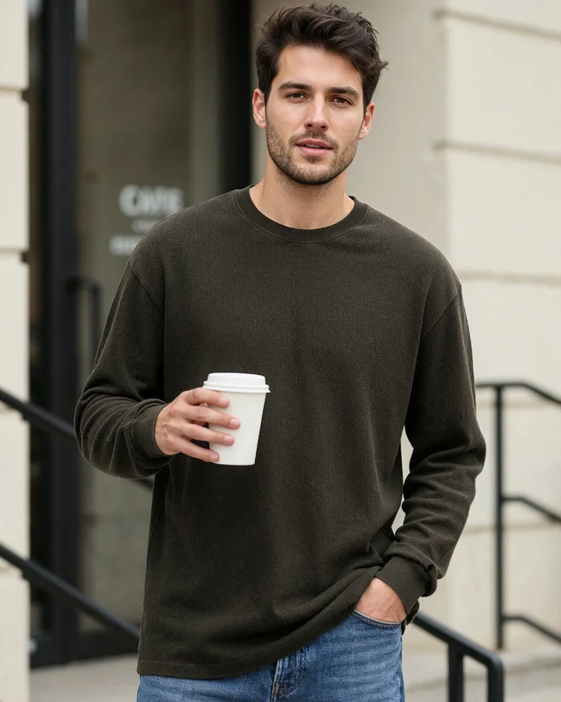 بيواكوف Men's Chocolate Brown Textured Oversized Acid Wash T-shirt