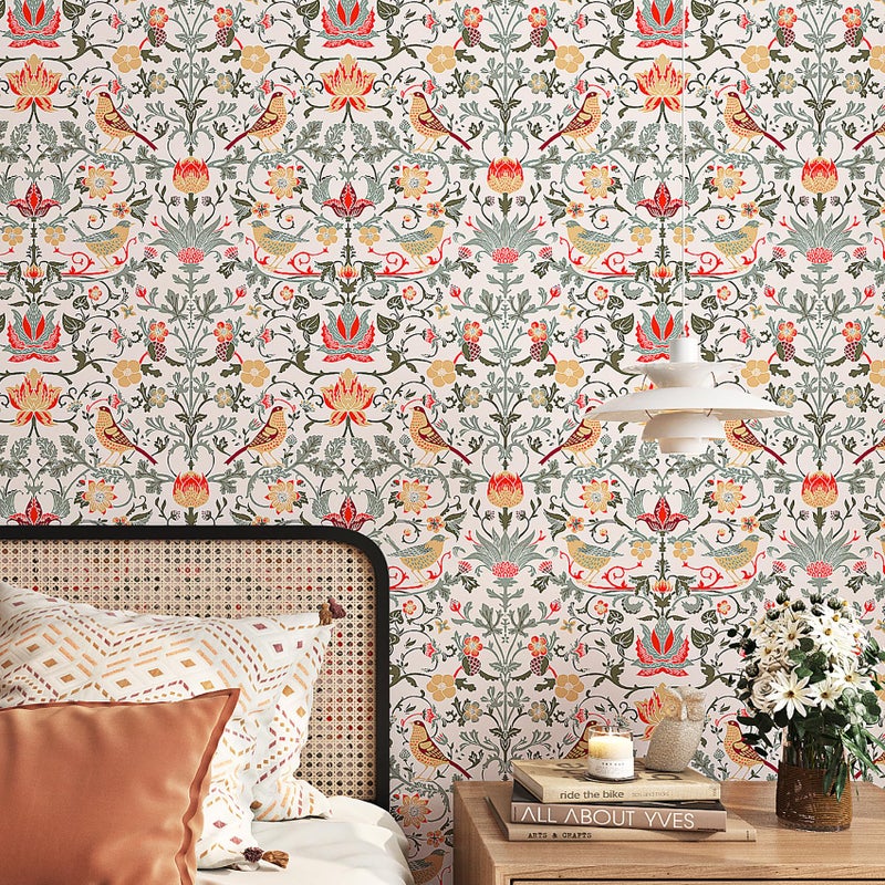 ReWallpaper Vintage Birds Floral Peel and Stick Wallpaper Boho William Morris Wallpaper Strawberry for Bedroom Living Room 17.5inÃ—10ft Green Leaf Fruit Flower Wall Paper Peel Stick Contact Paper Roll - Image 2