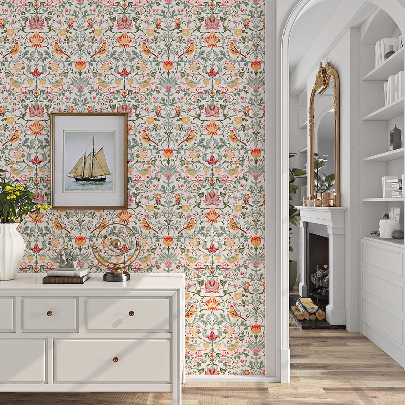 ReWallpaper Vintage Birds Floral Peel and Stick Wallpaper Boho William Morris Wallpaper Strawberry for Bedroom Living Room 17.5inÃ—10ft Green Leaf Fruit Flower Wall Paper Peel Stick Contact Paper Roll - Image 3