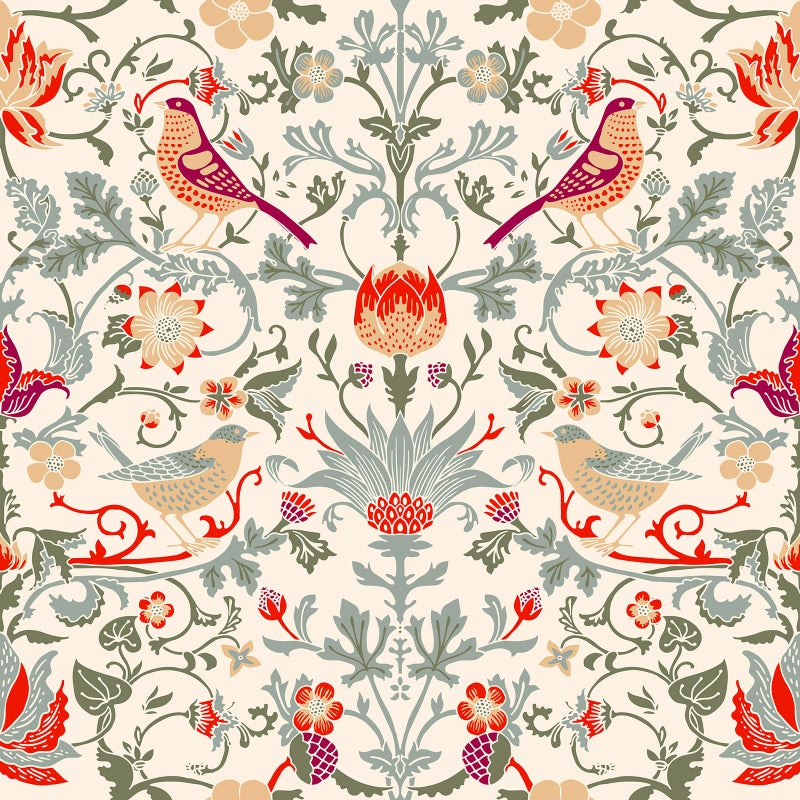 ReWallpaper Vintage Birds Floral Peel and Stick Wallpaper Boho William Morris Wallpaper Strawberry for Bedroom Living Room 17.5inÃ—10ft Green Leaf Fruit Flower Wall Paper Peel Stick Contact Paper Roll - Image 1