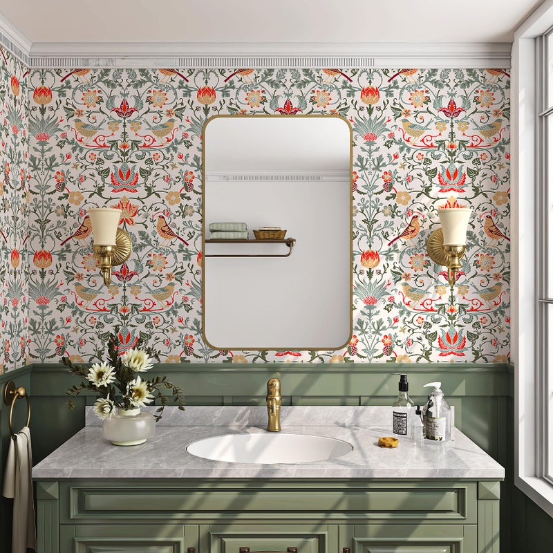 ReWallpaper Vintage Birds Floral Peel and Stick Wallpaper Boho William Morris Wallpaper Strawberry for Bedroom Living Room 17.5inÃ—10ft Green Leaf Fruit Flower Wall Paper Peel Stick Contact Paper Roll - Image 4