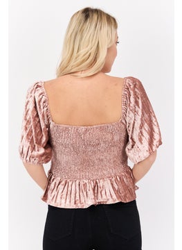 NIA Women Square Neck Short Sleeves Smocked Velvet Blouse, Blush  - Image 3