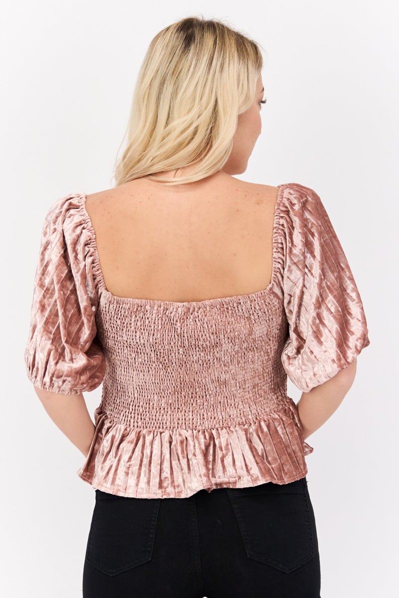 NIA Women Square Neck Short Sleeves Smocked Velvet Blouse, Blush - Image 3