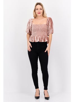 NIA Women Square Neck Short Sleeves Smocked Velvet Blouse, Blush  - Image 4
