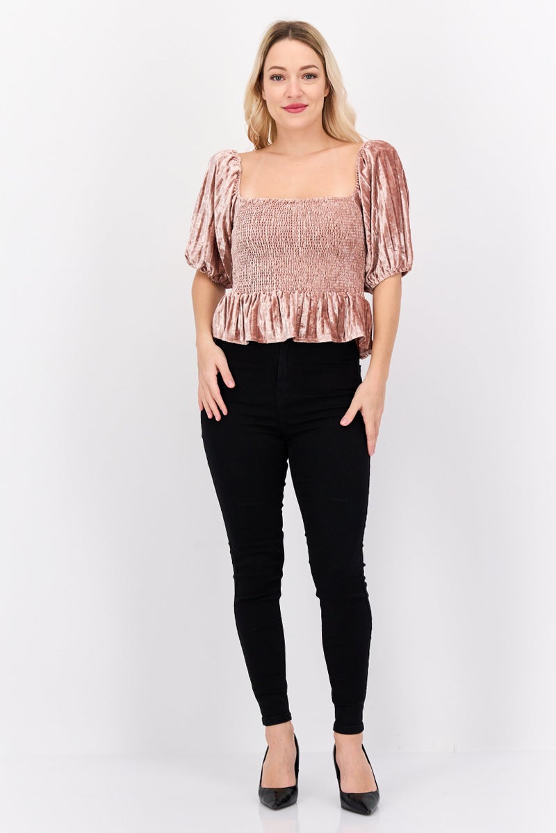 NIA Women Square Neck Short Sleeves Smocked Velvet Blouse, Blush - Image 4