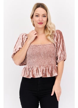 NIA Women Square Neck Short Sleeves Smocked Velvet Blouse, Blush  - Image 1