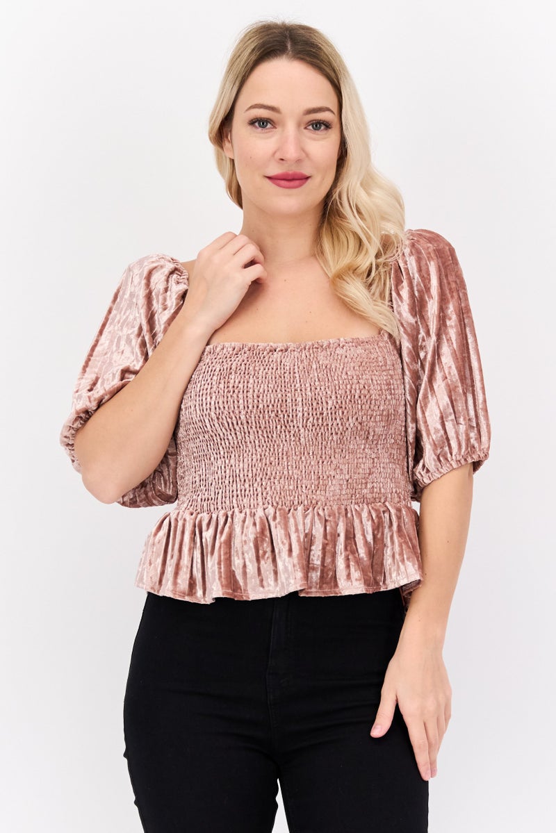 NIA Women Square Neck Short Sleeves Smocked Velvet Blouse, Blush - Image 1