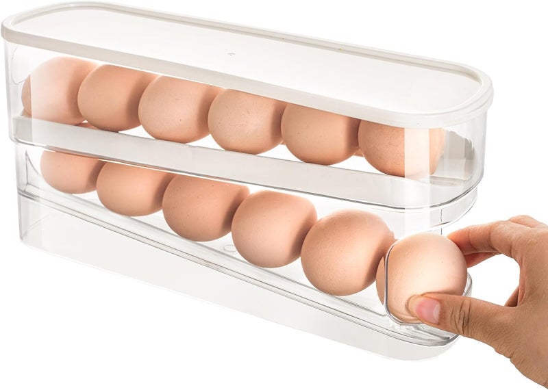 SUNBEET 2layer Egg Rack Automatic Rolling Egg Storage Container For Refrigerator Large Capacity Storage Container With Lid For Refrigerator Transparent Plastic Egg Dispenser HOLDS 12 EGGS - Image 1
