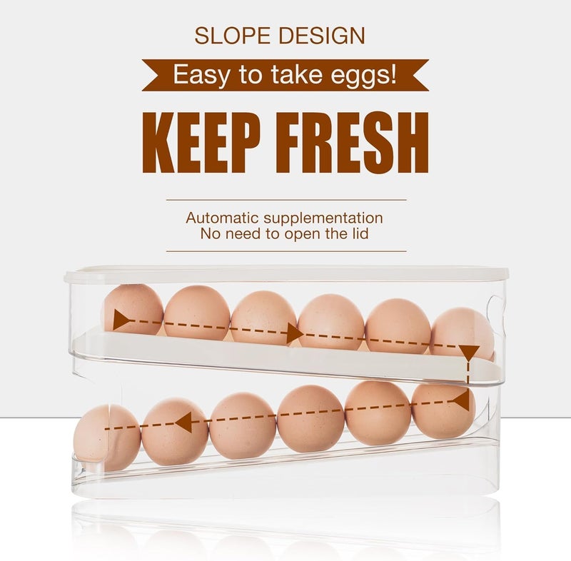 SUNBEET 2layer Egg Rack Automatic Rolling Egg Storage Container For Refrigerator Large Capacity Storage Container With Lid For Refrigerator Transparent Plastic Egg Dispenser HOLDS 12 EGGS - Image 4