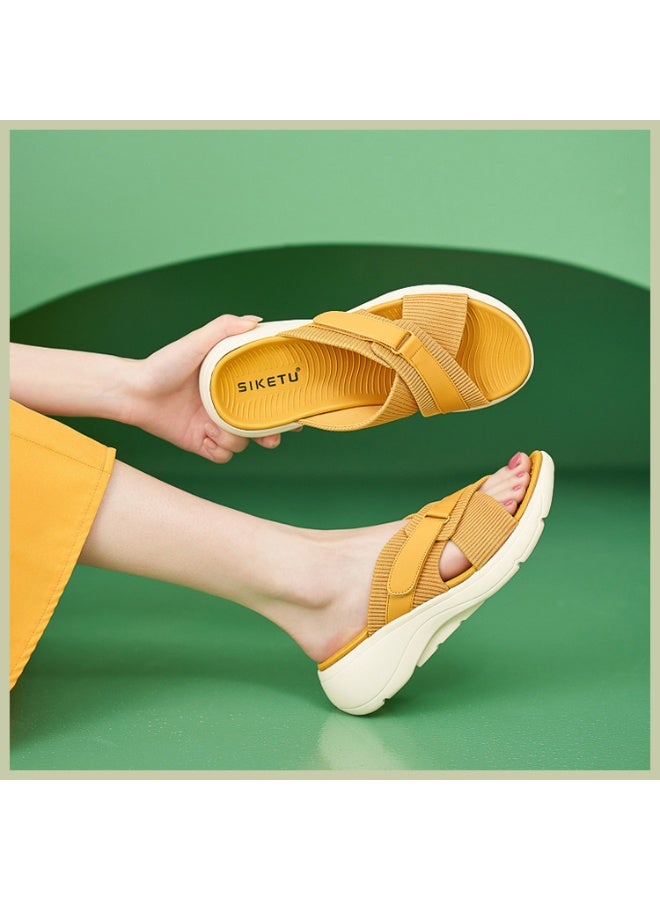 NIBEMINENT Fashion Women Shoes Cross Strap  Thick Leisure Wedge Slides Hook Loop Durable Lightweight Solid Color Women Slipper  - Image 1