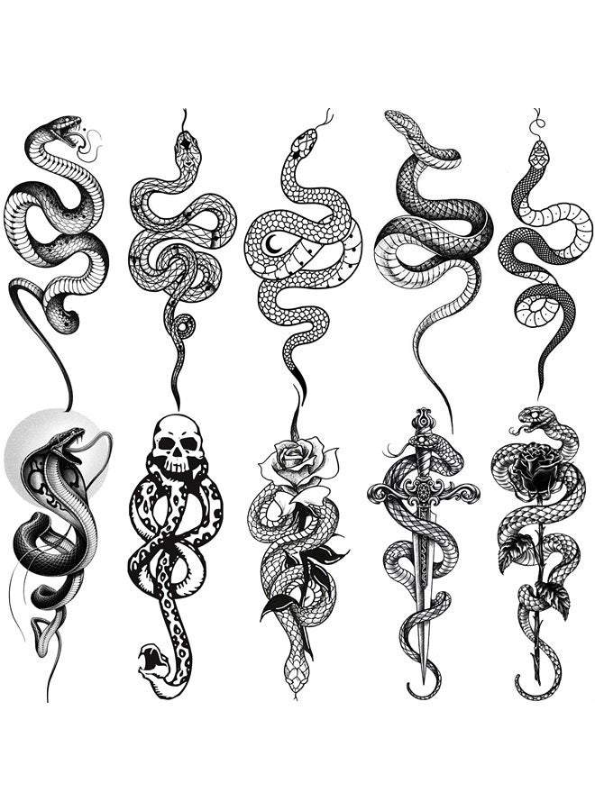 Goromon 10 Sheets Realistic Snake Temporary Tattoos For Women Men Forearm Arm Sexy 3D Tribal Cobra Mamba Viper Serpent Tattoos Temporary Adults Kids Fake Tattoos Sticker Black Sword Rose Flower Tatoos - Image 1