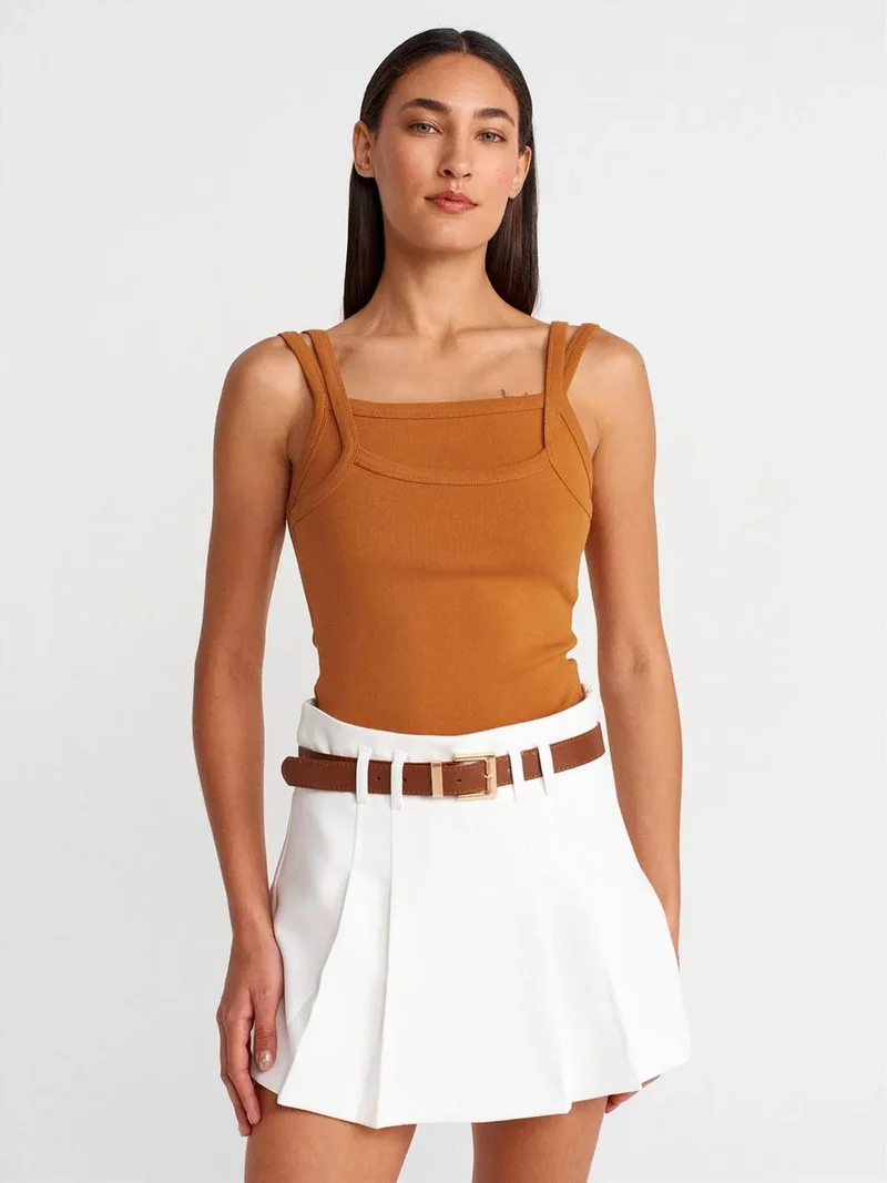 ديلفين Dilvin Ribbed Sleeveless Square-neck Blouse